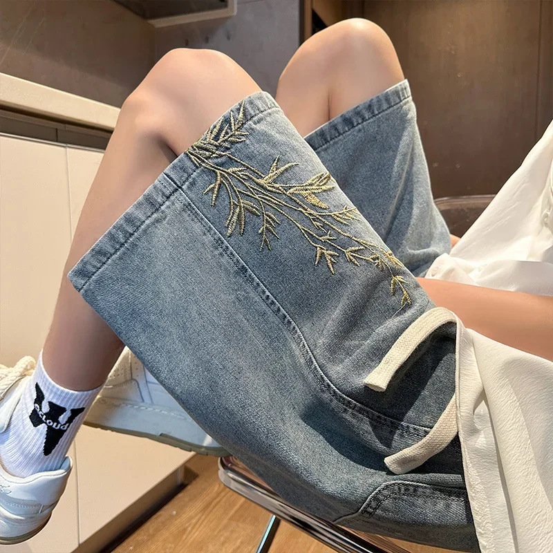 Verano Y2K pantalones vaqueros holgados para hombres 2024 nuevos pantalones vaqueros cortos bordados Bermudas de pierna ancha Vintage ropa informal estilo Hip Hop pantalones cortos de mezclilla