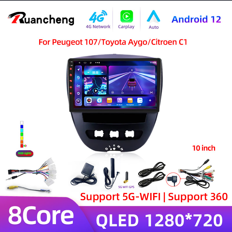Автомобильный мультимедийный плеер Android 12 2 Din для Peugeot 107 Toyota Aygo Citroen C1 2005-2014, головное устройство, стерео GPS-навигация BT WIFI