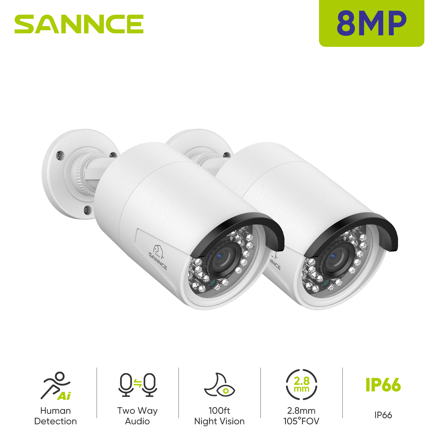 SANNCE Kit kamera POE 2 buah, Ultra HD 2MP/5MP/8MP luar ruangan tahan cuaca Jaringan Keamanan EXIR penglihatan malam Email Kit kamera peringatan