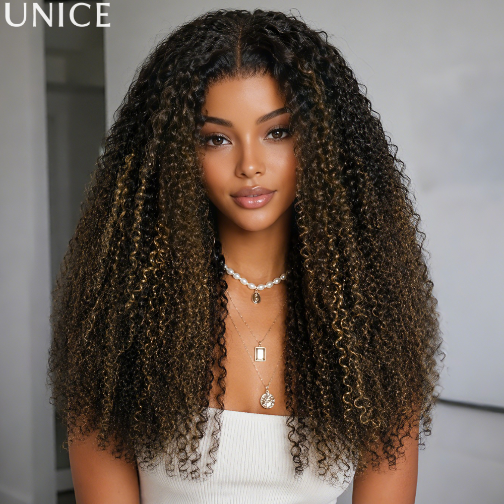 UNice Bye-Bye Slip 7x5 Lace Preto com Destaques Loiros e Caramelo Peruca Cacheada Kinky 100% Cabelo Humano Sem Cola Pronta para Usar