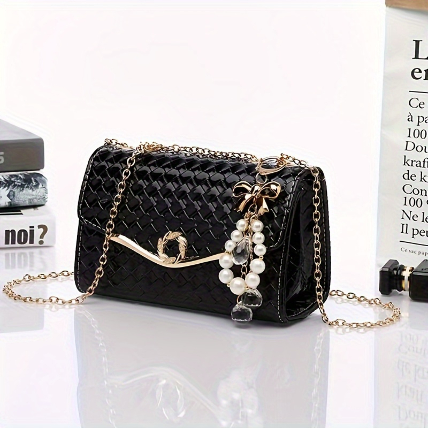 Geometric Pattern Shoulder Bag with Crystal Charm & Chain Handbag, Elegant Ladies Fashion Essential