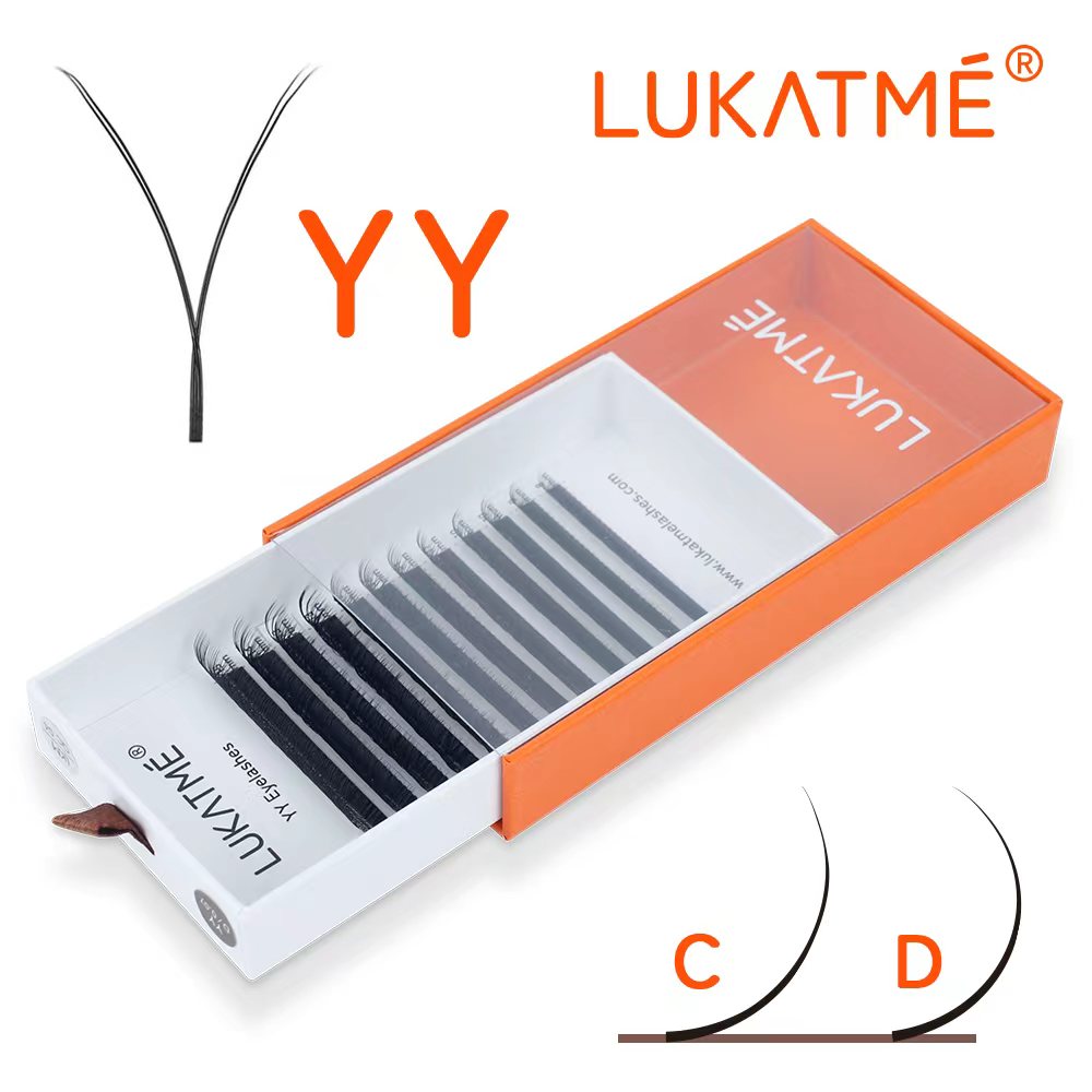 LUKATME YY Extensión de Pestañas 12 Filas Negro Mate C/D Rizado 7-14mm Dos Puntas Y-Forma Pestañas Falsas Look de Maquillaje Intenso YY Lashes