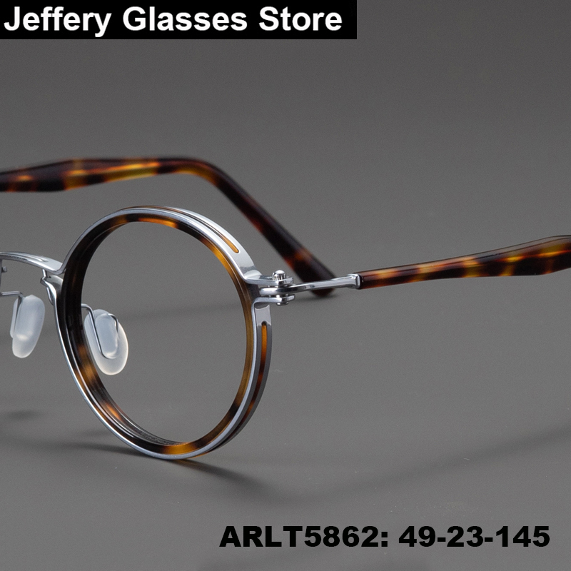 Popular Japanese Handmade Round Titanium Acetate Glasses Frame Men Women Ultralight Eyeglasses Retro ARLT5862 Tortoise Eyewear