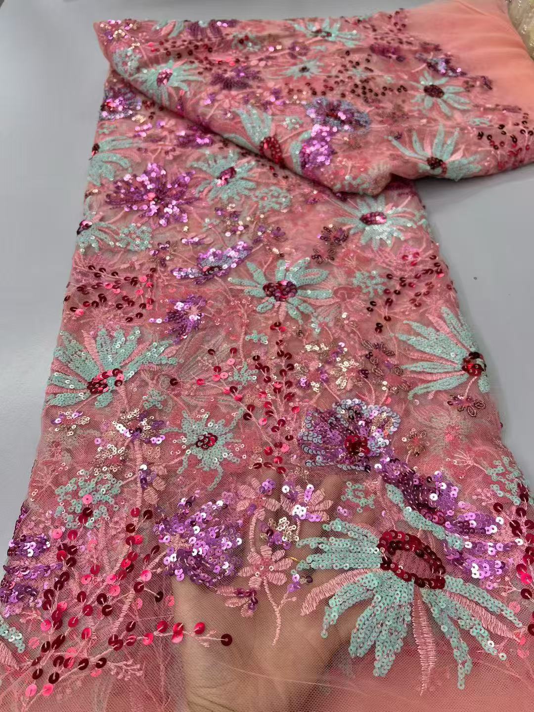 Luxuriöser Hand-Pailletten-Spitzenstoff, Brautstoff, hochwertige Hochzeitsstoffe, französische nigerianische Stickerei auf Tüll, Nähen, 5 Yards