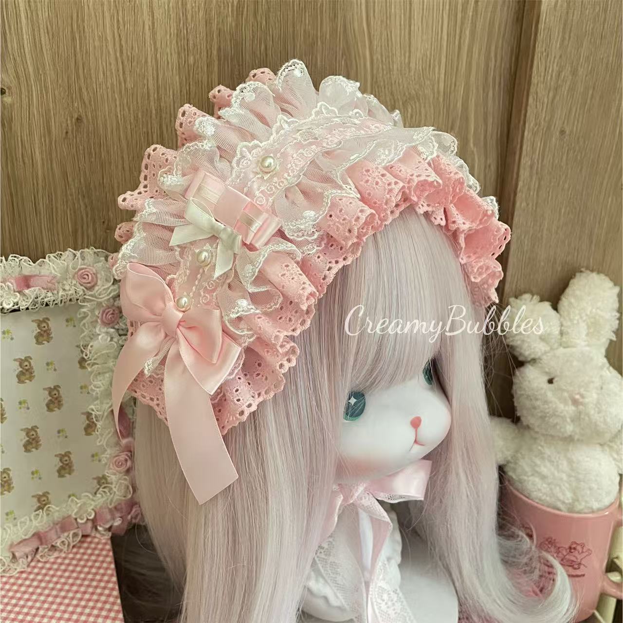 Lolita Pink Hair Bands Hair Accessories Lace Bow Headband Pearl Headdress for Hair Women Girls Hair Bands Bridal Jewelry Tiara