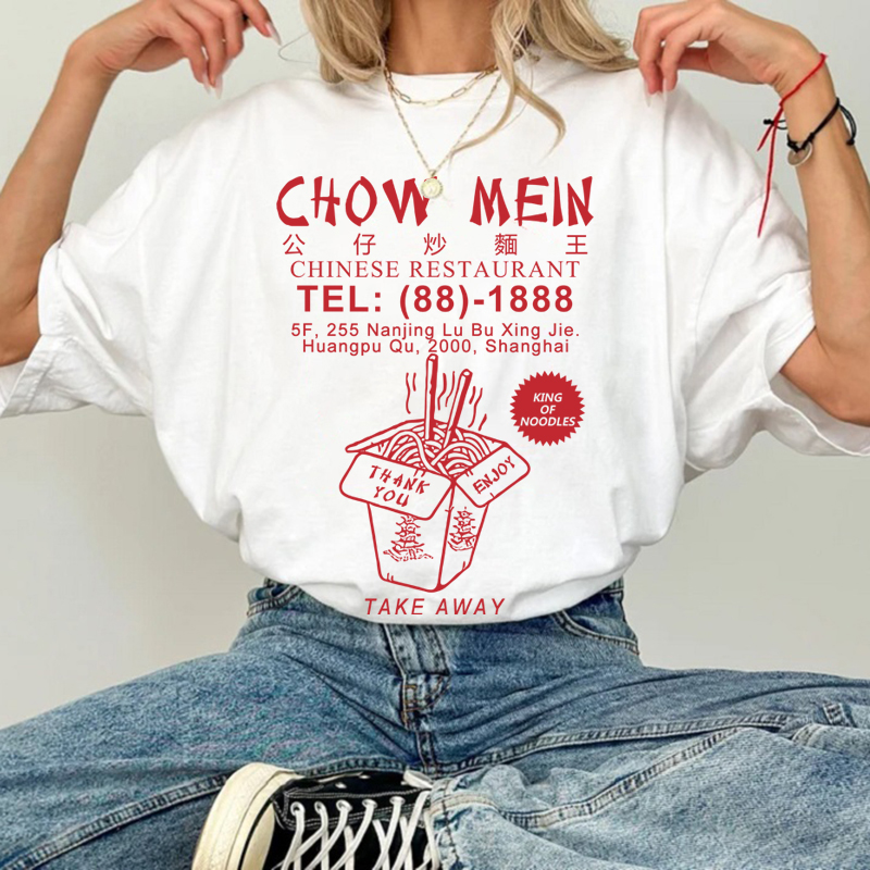 Unisex Chow Mein Noodle Graphic Tees, Cute Chinese Food Women T Shirt, Vintage Streetwear, Roupas Grunge de verão, T-shirt extragrande