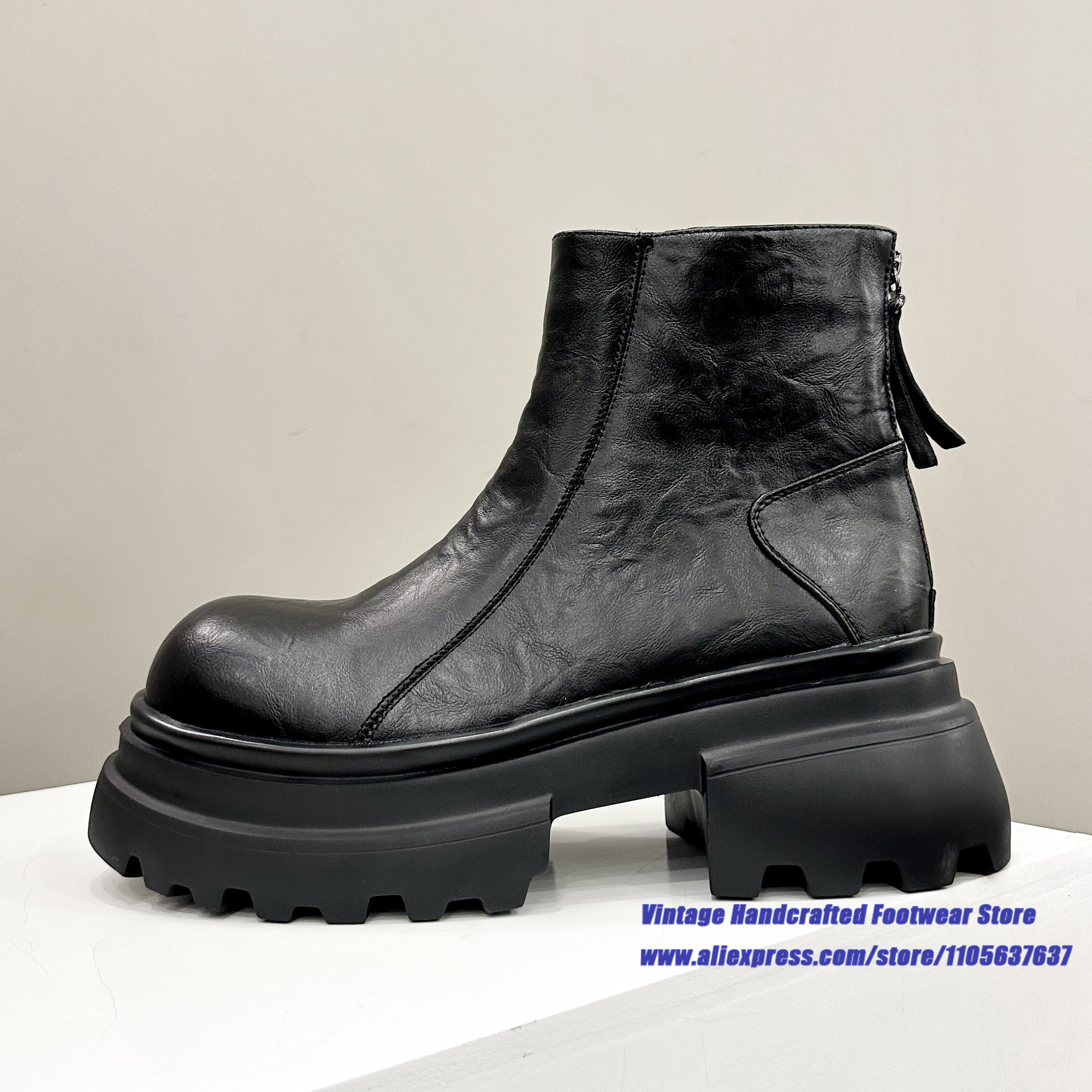 Sepatu Chelsea Kulit Hitam Sol Tebal untuk Pria dengan Resleting Belakang, Gaya Gothic Punk Street Booties ﻿ Sepatu Bot Pria Buatan Tangan Klasik