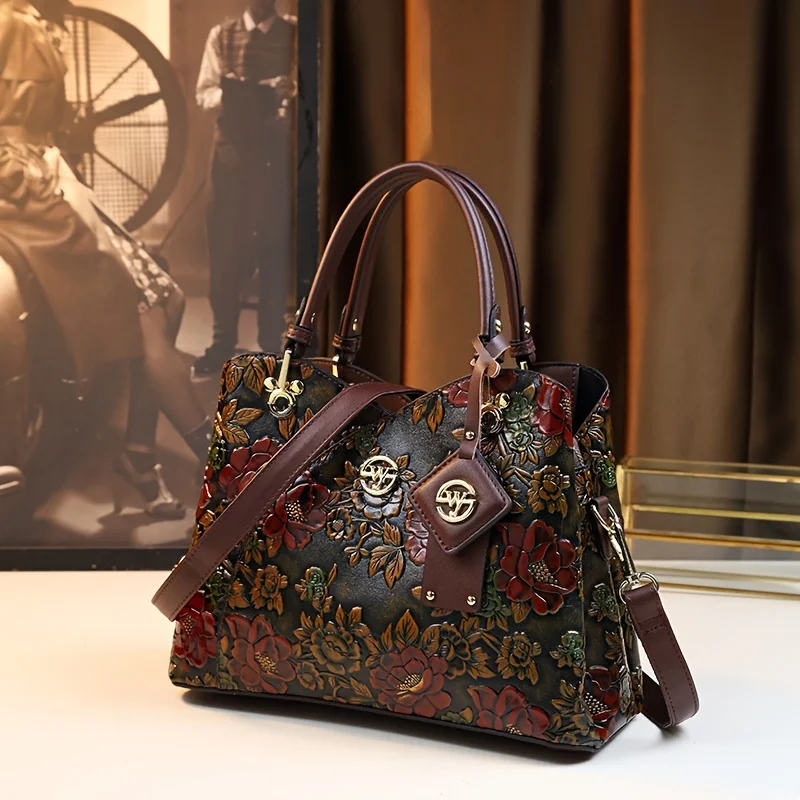 Vintage-Handtasche mit Blumenmuster, luxuriöse Tragetasche aus PU-Leder, modische Umhängetasche für Damen