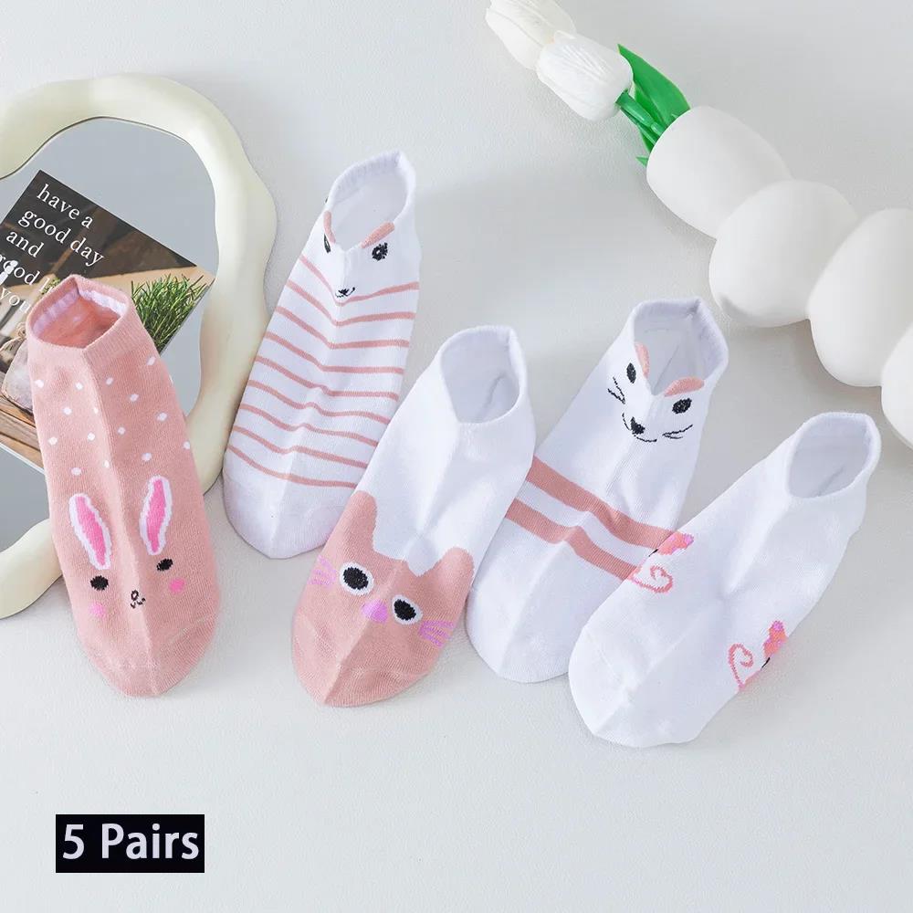 Chaussettes tube court pour femme, chat rose fin, quatre saisons, chaussettes bateau mignonnes, haut Ins ChimFunny, 5 paires