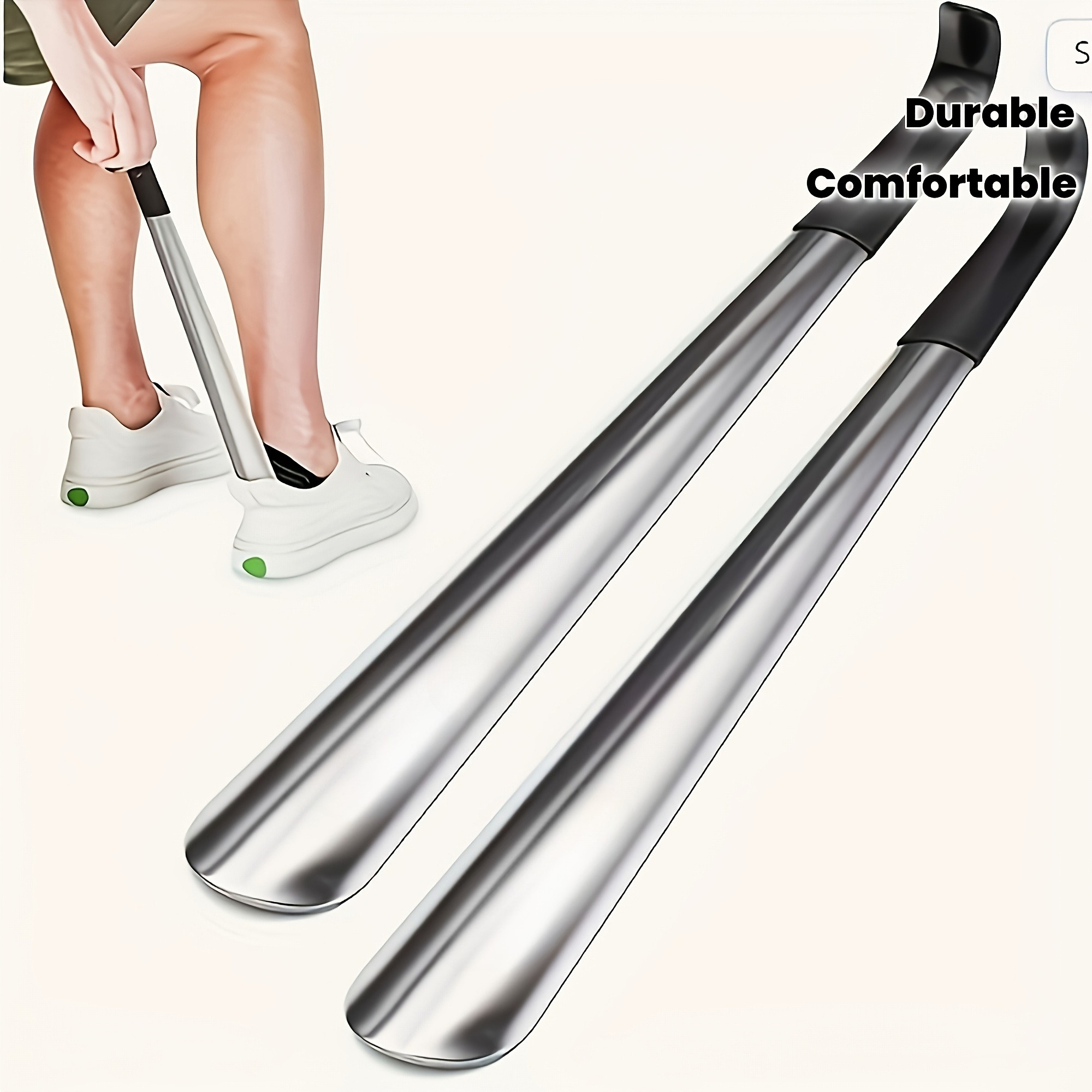 Einfacher Schuhanzieher aus Edelstahl: Slip-on-Schuhe beim Stehen. Kein Biegen. Easy-Grip mit Loch zum Aufhängen. Passend für alle Schuhe.