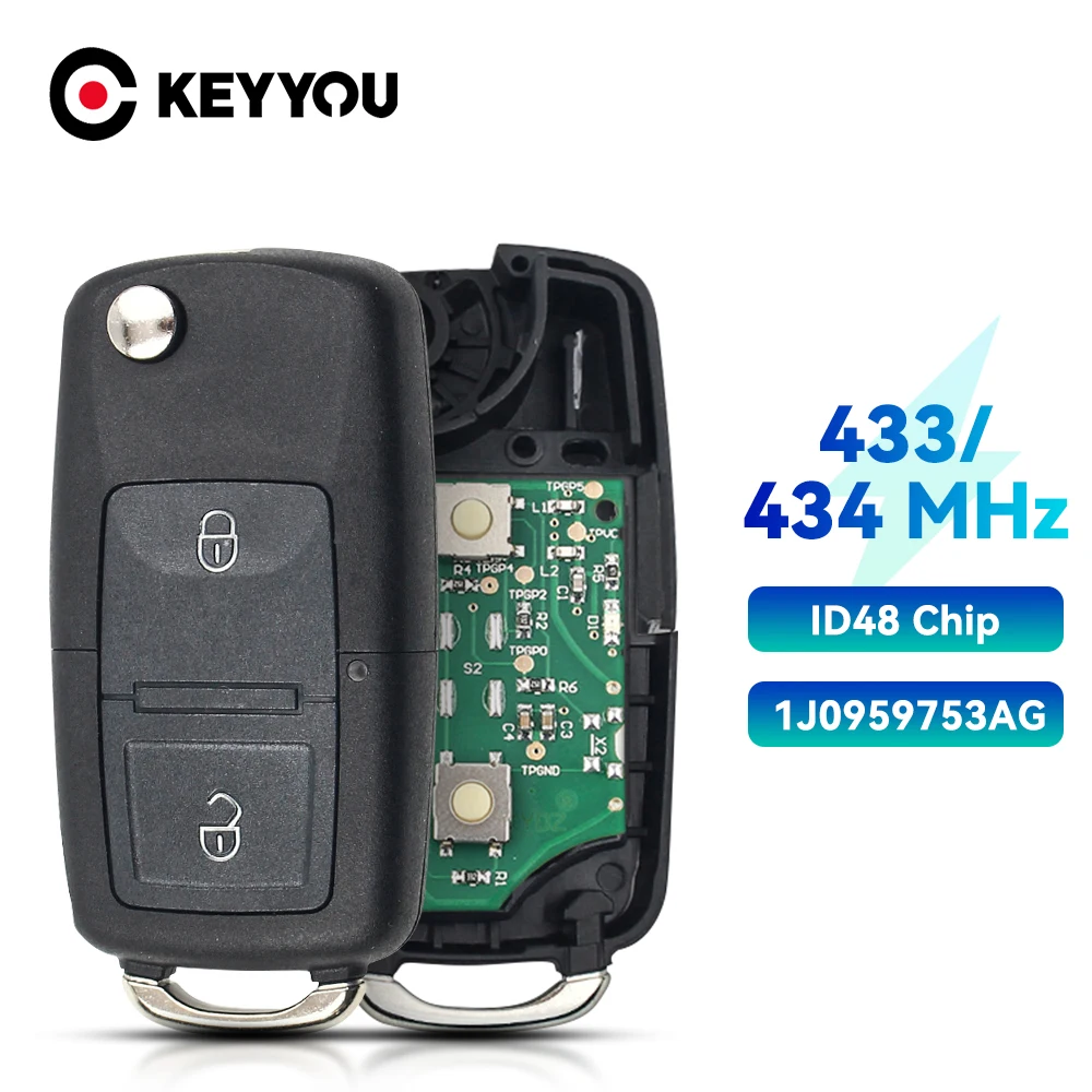 KEYYOU-mando a distancia para coche, llave con 2 botones, 434MHz, 433MHz, Chip ID48, para VW Beetle Bora, Golf Passat, Polo, Transporter T5, 1J0959753AG