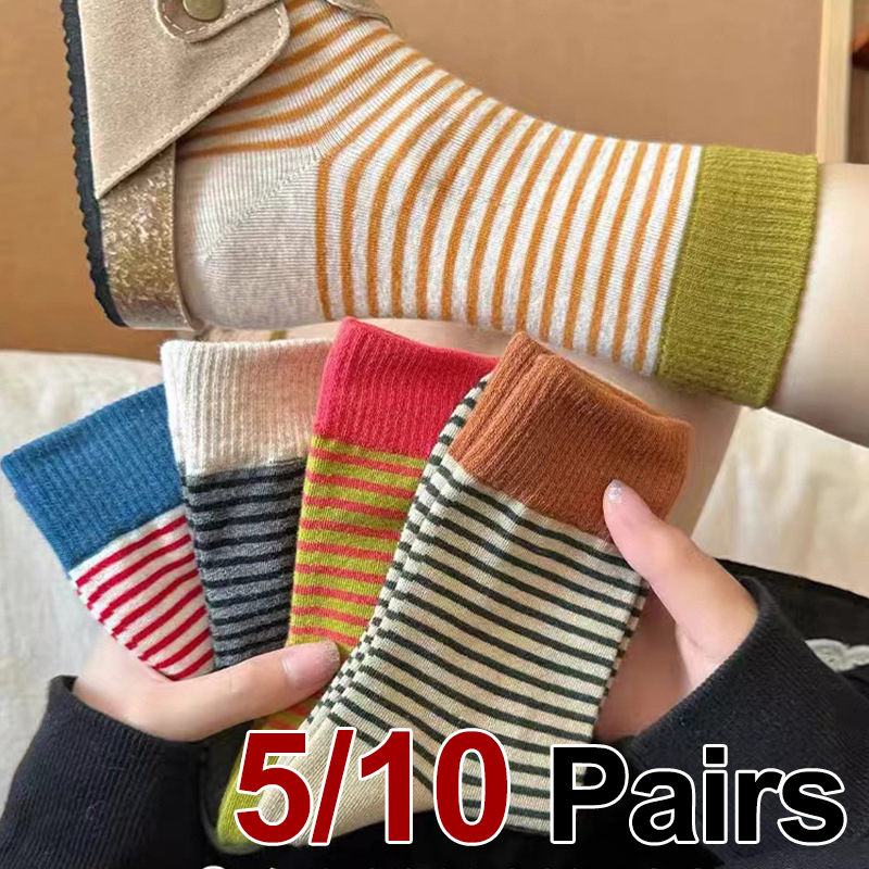 5/10 Pairs Women Spring/Summer Striped Knitted Mid Tube Socks Fashionable College Style Breathable Comfortable Casual Socks
