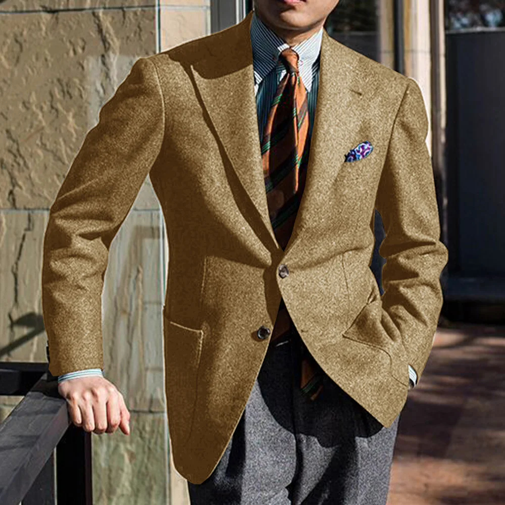Mens Wool Blend Suit Jacket Single Breasted Business Blazer Casual Fashion Slim Fit Comfortable Elegant Tweed Coat Outerwear