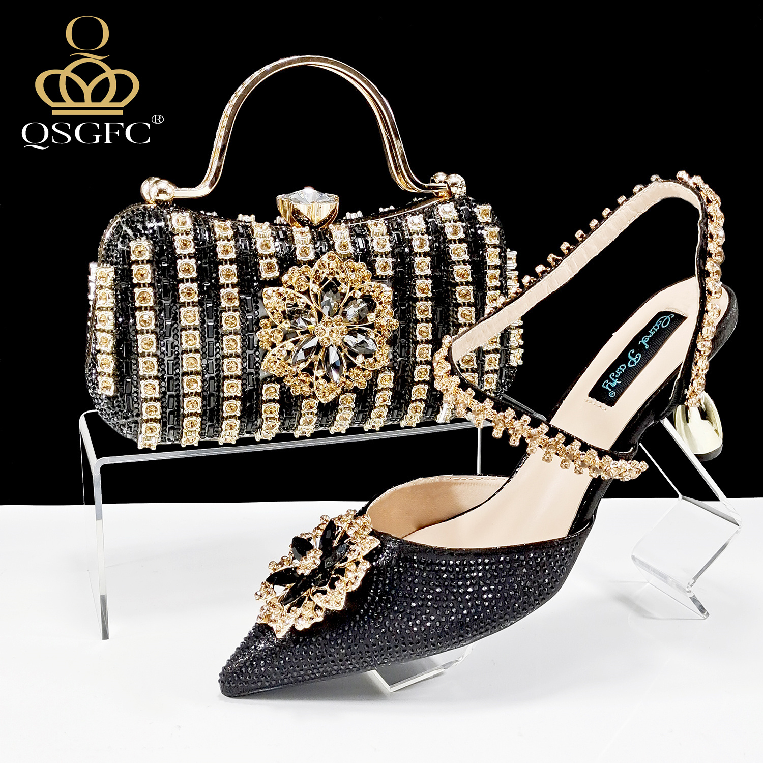 QSGFC – chaussures et sac de soirée pour femmes, design italien, incrustés de strass, mini sac doré du Nigeria, talons hauts pour femmes