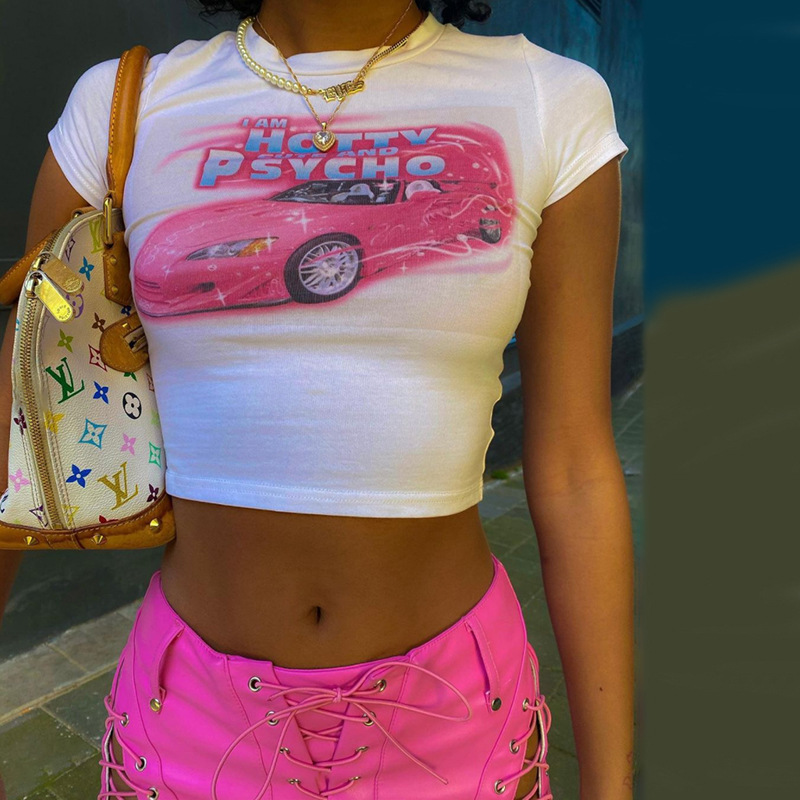 Jestem Hotty śliczne i Psycho drukuj T-shirt obcisły Crop Top Y2k Harajuku kobiety Kawaii 90s Streetwear biały O-neck Tees