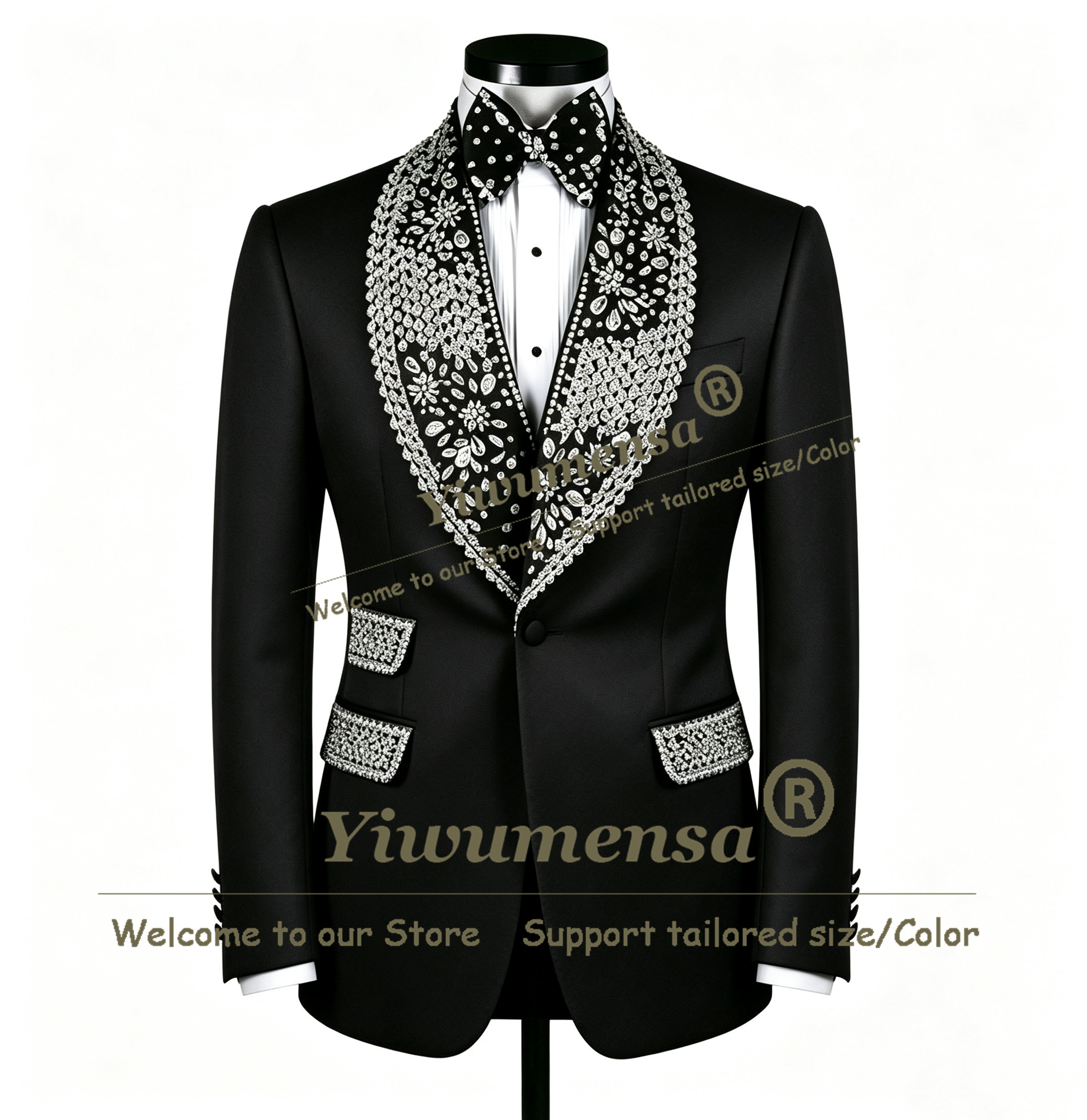 Luxuriöse Anzüge für den Bräutigam zur Verlobung und Hochzeit, mit Diamanten besetzter Schalrevers-Blazer, 2-teilige Sets, Herren-Smoking für Dinnerpartys