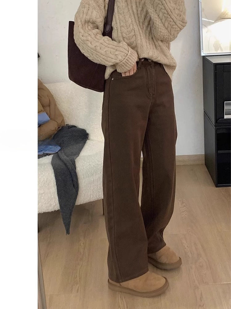 High Waist Loose Wide Leg Denim Jeans Women's Coffee Color Slim Version Large Size Retro Autumn New Sle Comfortable Straigh...