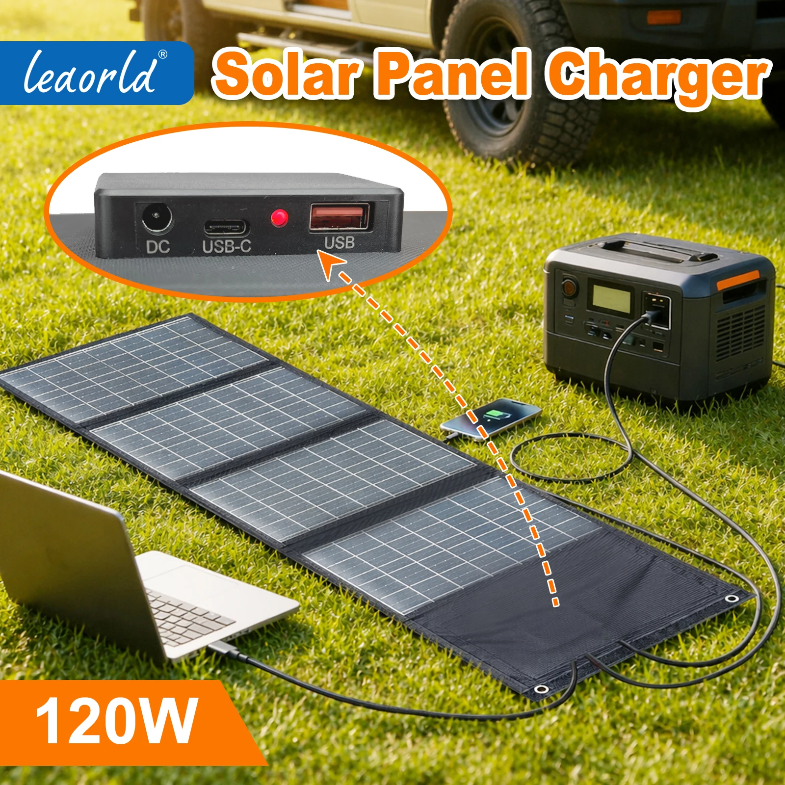 Leaorld 120W Solar Panel 12V Battery Charger, Foldable QC3.0 PD3.0 Solar Phone Fast Charger, Clips, Power Station, RVs, Camping