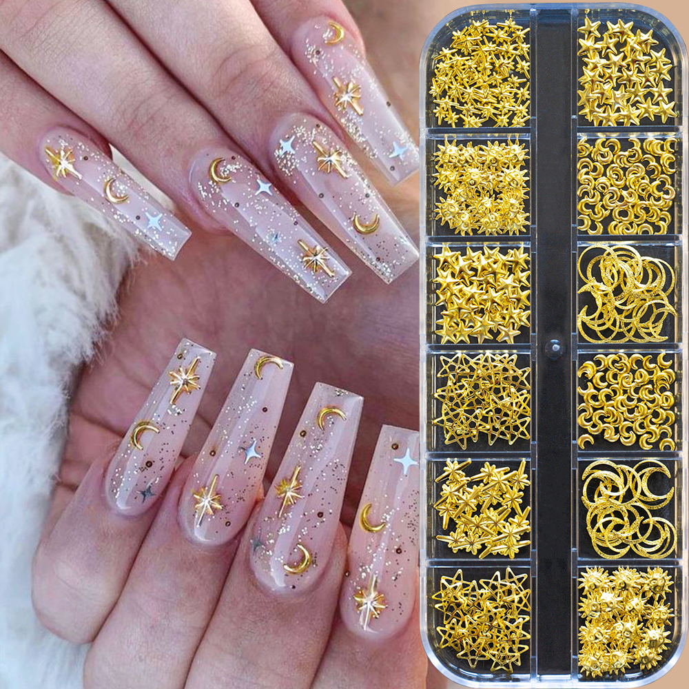 12 กริด Gold Star/Moon 3D เล็บ Charms 0.1*0.1/0.2*0.2/0.3*0.3in Luxury Alloy Rivet Y2K Sparkly DIY เล็บอัญมณี Rhinestones