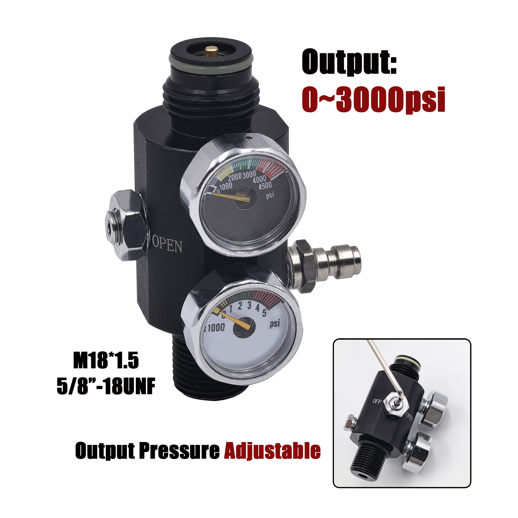 Regulator HPA z zaworem pneumatycznym z regulowanym wyjściem od 0 do 3000 psi M18*1,5, 5/8"-18UNF Regulowana pneumatyczna stacja napełniania z podwójnym manometrem