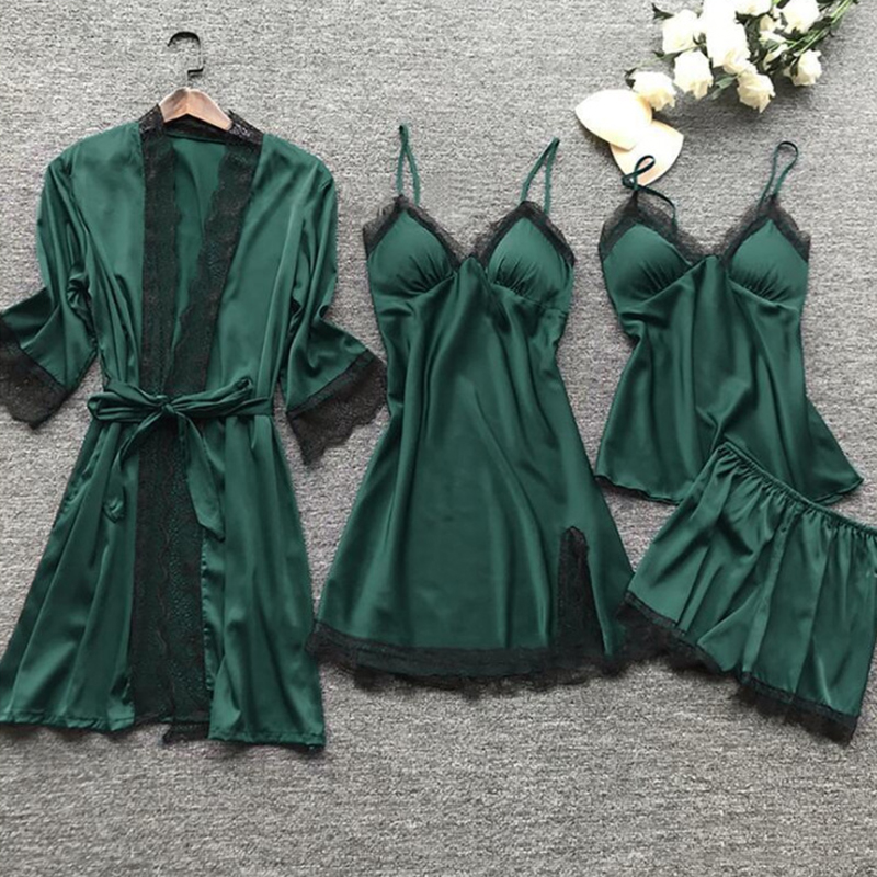 4 peças pijamas de renda sexy feminino moda com decote em v vestido conforto pijamas pijamas com almofadas no peito camisola casual loungew