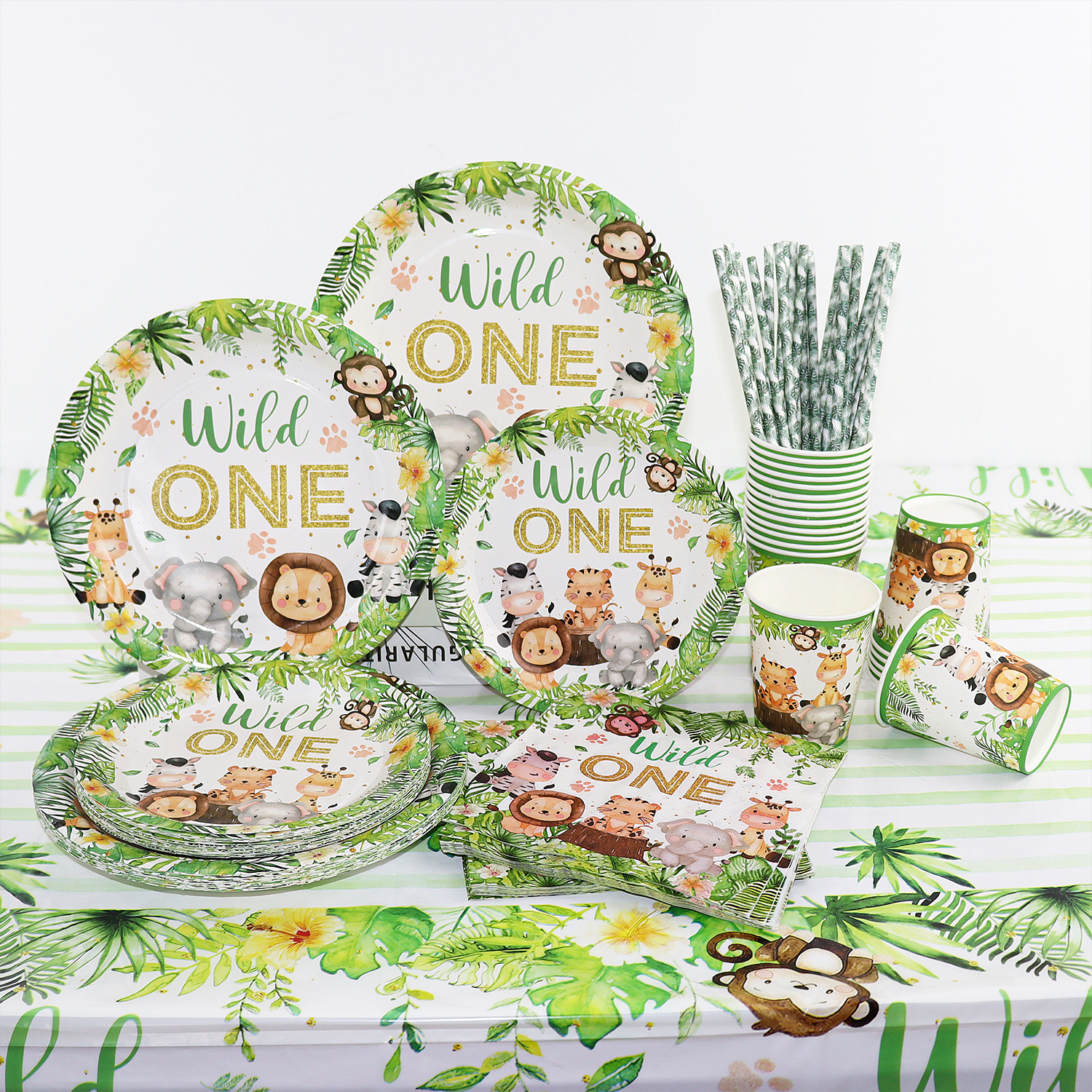 Decorazioni per feste di compleanno nella giungla della foresta Set di stoviglie per tovaglie con animali selvatici Set di forniture per feste di buon compleanno per safari nel bosco