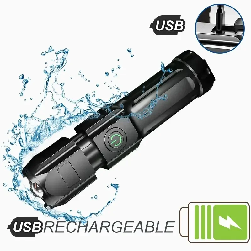 Leistungsstarke LED-Taschenlampe, wiederaufladbar, USB, eingebauter Lithium-Akku, wasserdicht, Zoom, Angeln, Jagd, Camping, taktische Taschenlampe