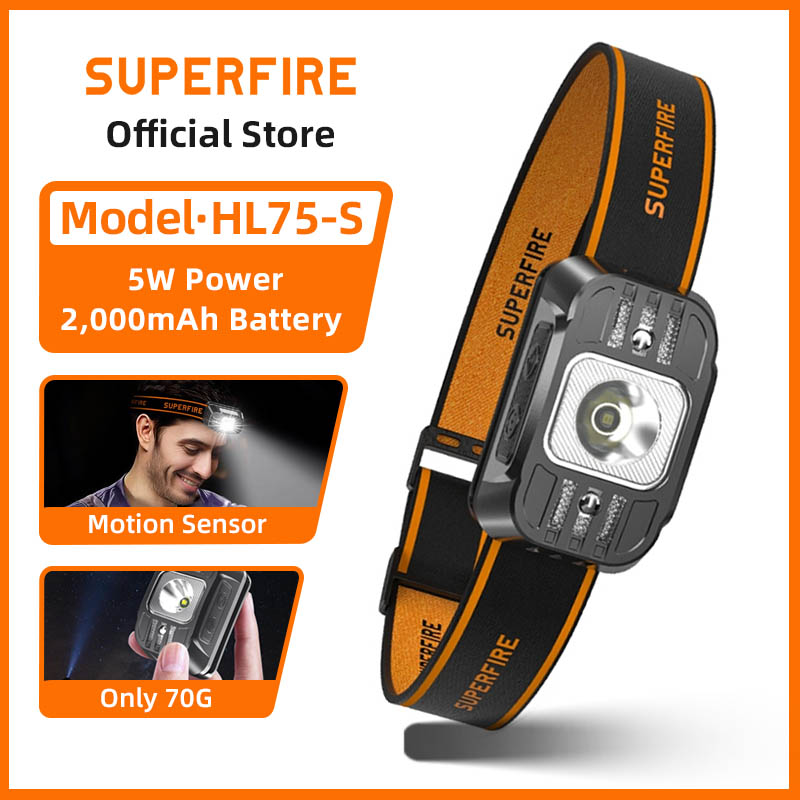 Lanterna de Cabeça Recarregável SUPERFIRE HL75 Mini LED de Alta Potência com Sensor USB-C Portátil para Trabalho e Pesca