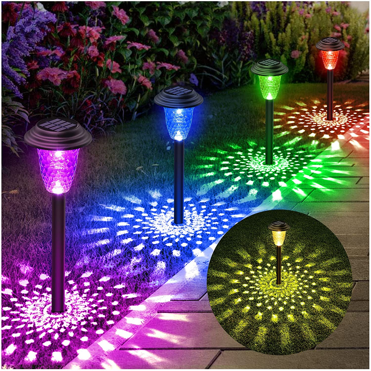 Solar Pathway Lights Heldere RGB-kleurveranderende / warmwitte waterdichte tuinlamp voor buiten Aangedreven landschapspadverlichting voor tuin