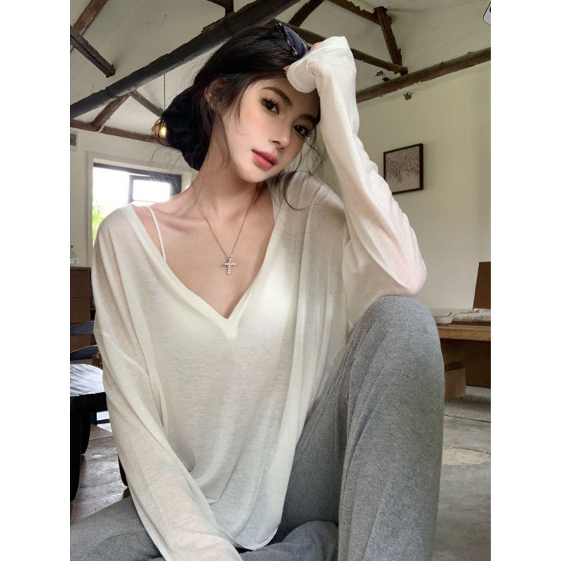 เสื้อยืดแขนยาวมุมมองบางสําหรับผู้หญิงฤดูร้อนหลวมสบายๆเกาหลีฐานป้องกันแสงแดดปกคลุมด้านบนสําหรับผู้หญิง