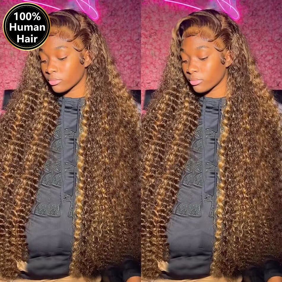 Peluca de Cabello Humano Rizado Ombre Rubio Miel HD 13x4 sin Pegamento, Peluca Frontal de Encaje 13x6 con Ondas Profundas para Mujer en Oferta
