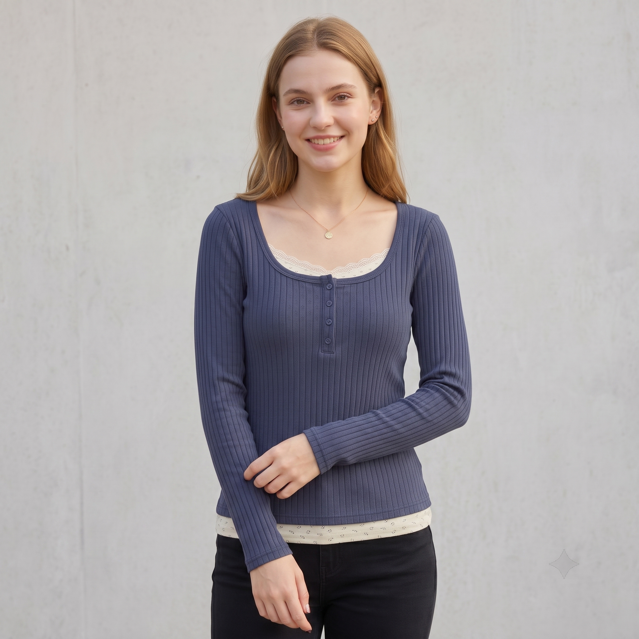 Women Vintage Faux Two-Piece Lace Patchwork T-Shirt Ribbed Knit Long Sleeve Top Square Neck Button Slim Y2K Casual Fall Tee
