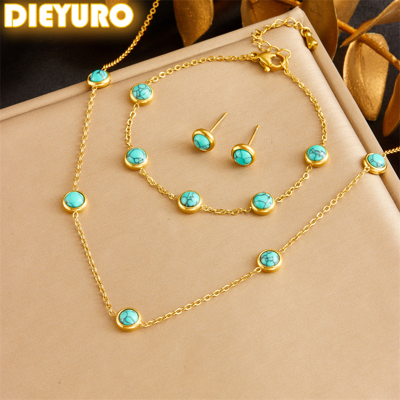 DIEYURO – ensemble de bijoux ronds en acier inoxydable 316L, Turquoise, collier, Bracelet, boucles d'oreilles, nouvelle tendance, ne se décolore pas, 2024