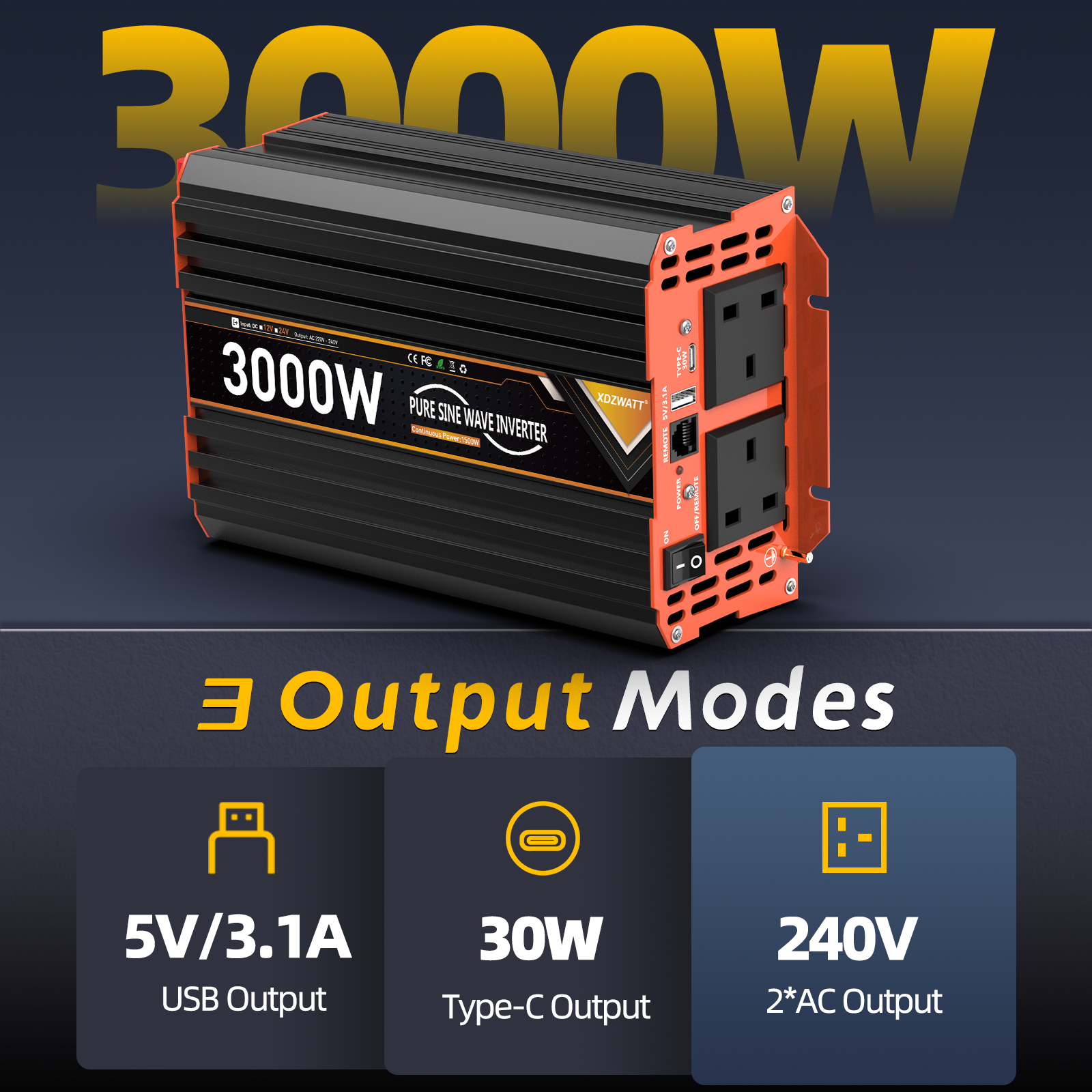 Inwerter prądu stałego na prąd zmienny z czystą sinusoidą 3000W DC 12V/24V na AC 240V 50Hz z wyświetlaczem LCD, pilotem, solarny, samochodowy, transformator