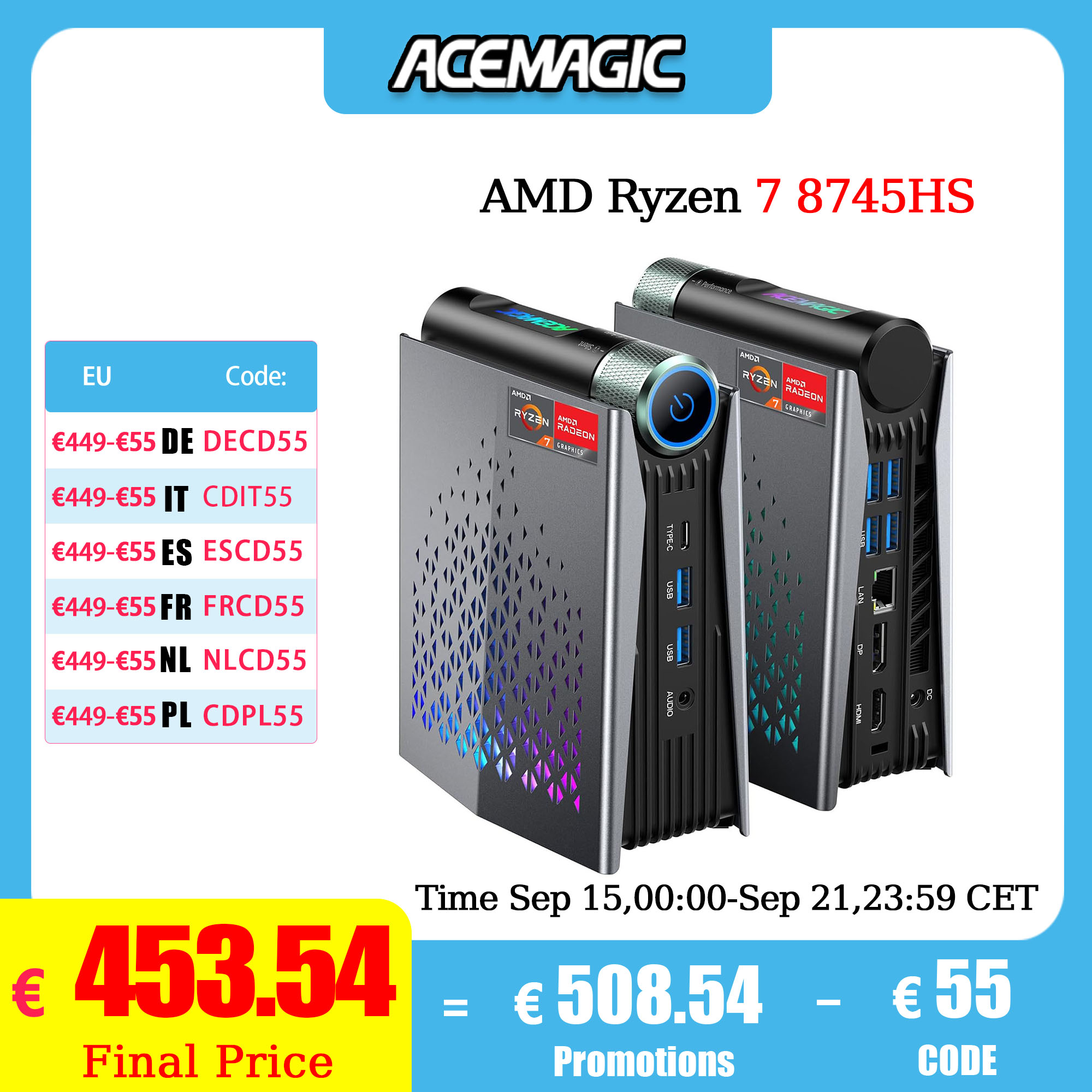 ACEMAGIC MINI PC AMD Ryzen 7 8745HS 32 GB RAM 1 TB SSD Windows 11 Pro MINI Computer Wifi6 BT5.2 mit RGB-Licht 4K Dreifach-Display