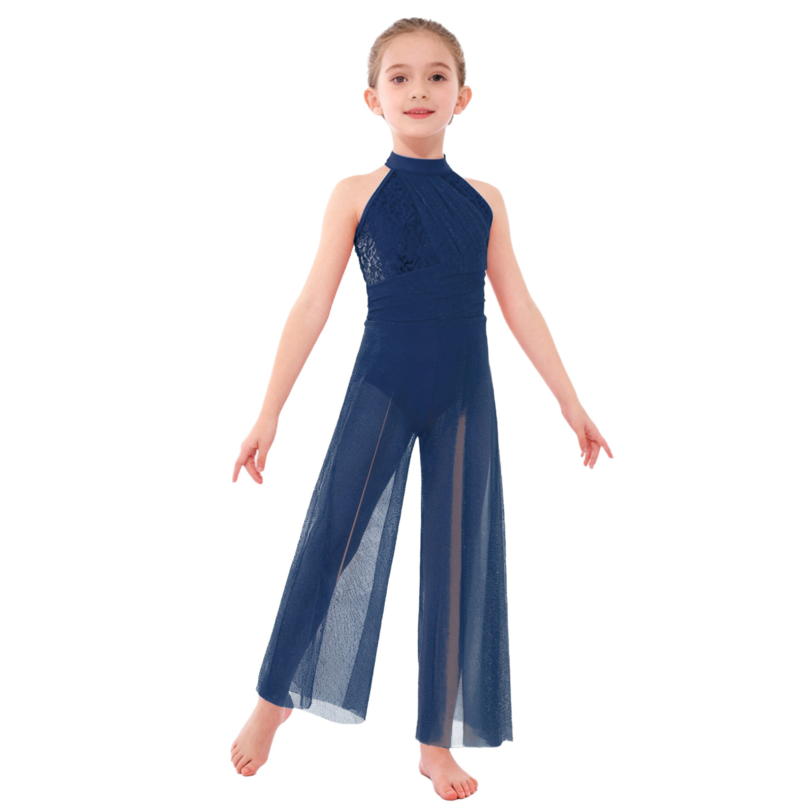Kinder Mädchen Ballett Lyrical Dance Performance Unitards Overall Kostüm Glänzende Pailletten Mieder Schimmernde Mesh Split Breite Bein Body