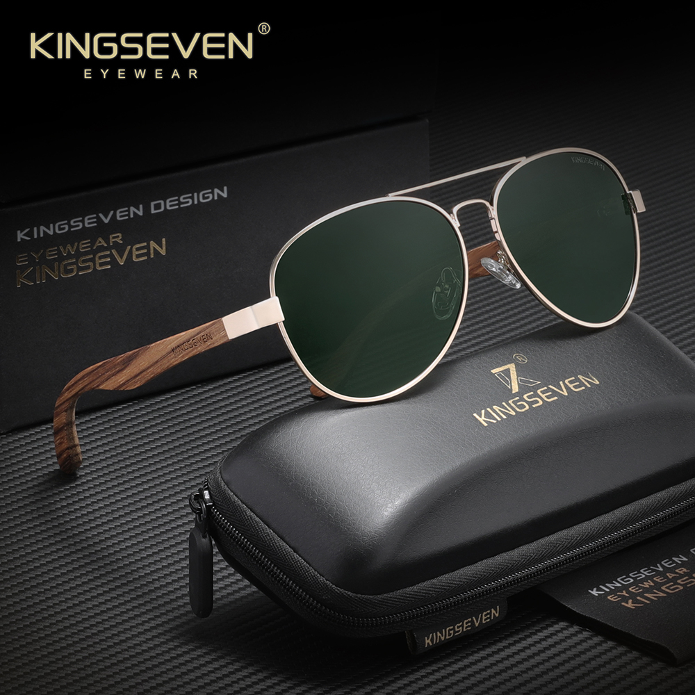 KINGSEVEN Occhiali da Sole in Legno di Zebra alla Moda, Occhiali da Pilota Polarizzati in Legno, Occhiali da Uomo con Protezione UV400