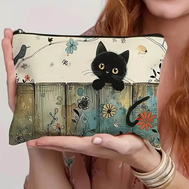 Bolsa con cremallera con diseño floral de gato negro - Bolsa de cosméticos duradera y resistente a la decoloración, regalo para hermanas, amigas, amantes de los gatos | Diseño Vibrante
