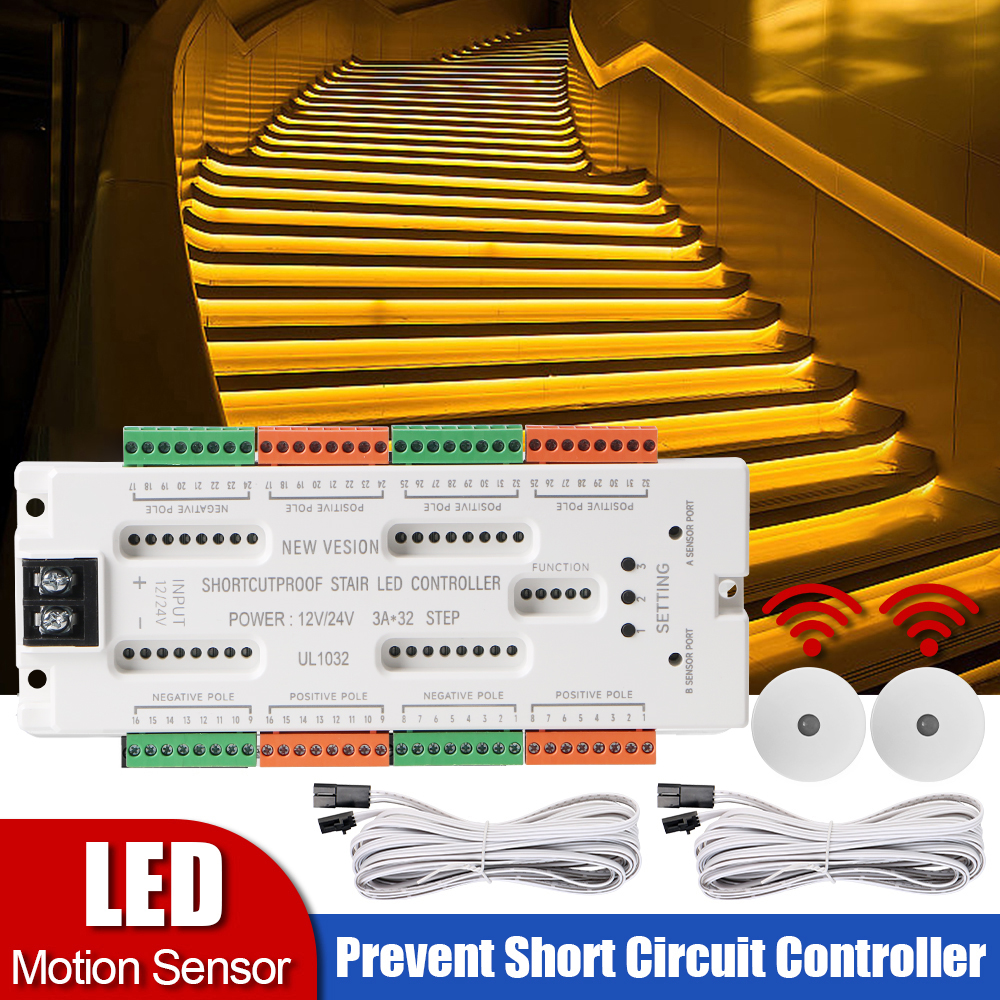 Lampu Sensor Gerak LED Tangga 32 Saluran DC12V/24V Pencegah Sirkuit Pendek untuk Lampu Malam Tangga