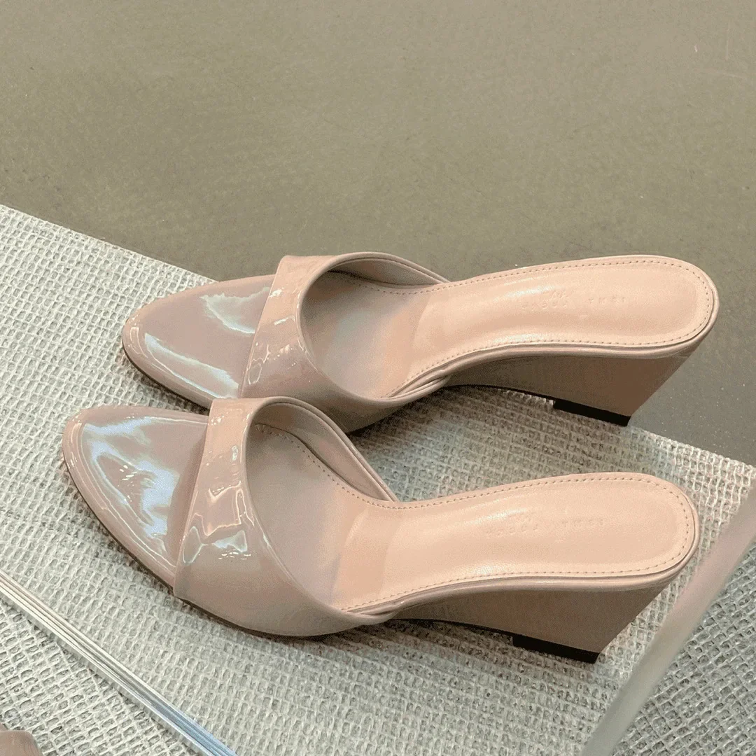2026 Mules à talon compensé pour femme, confortables, à bout ouvert, à enfiler, en cuir verni, pour l'extérieur, le quotidien et les soirées