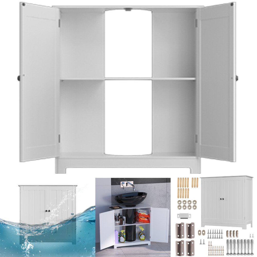Mobile da bagno sotto il lavandino bianco, unità portaoggetti per lavabo in legno indipendente, mobiletto per lavabo con ripiani regolabili 2 ante