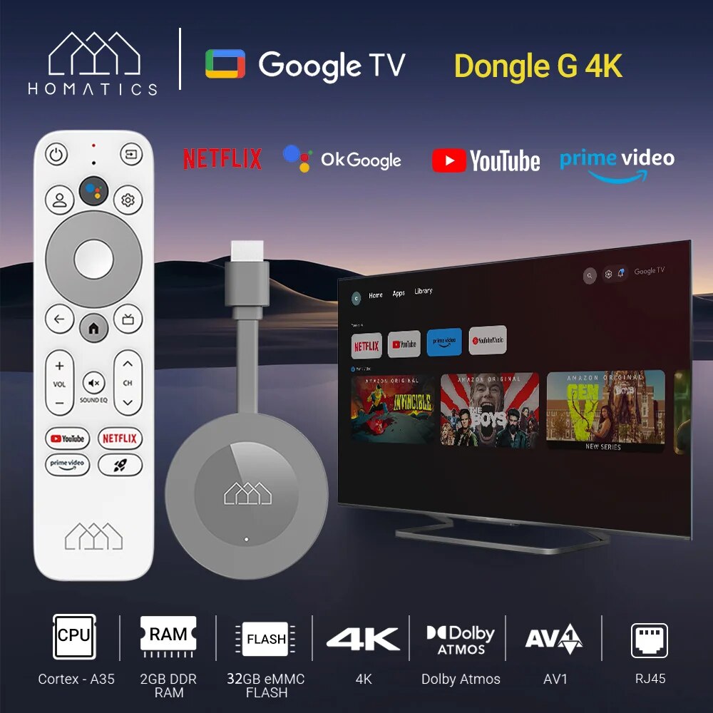 HOMATICS Dongle G 4K TV Stick z Netflix 4K Certyfikat Google 2G32G Amlogic S905Y4 Obsługa Dolby Atmos AV1 H.265 2T2R Wifi Box