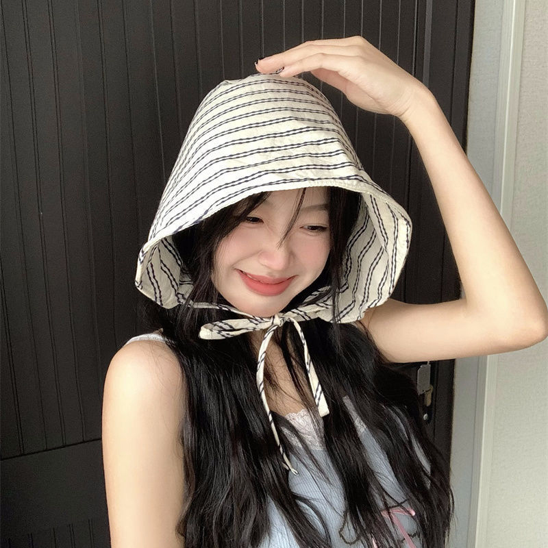 Topi Bucket Lipat Bertepi Lebar Dengan Tali Untuk Wanita, Motif Garis Korea, Panama Bob, Topi Pantai Outdoor, Topi Nelayan