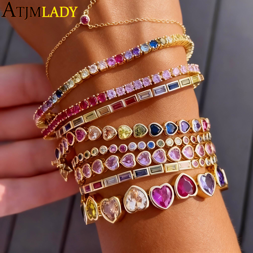 Moldura em forma de coração cz tênis corrente pulseira cor ouro vermelho rosa roxo zircônia cúbica fashoin gradual colorido arco-íris jóias
