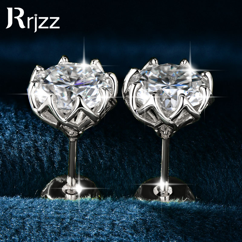 Orecchini a lobo Rrjzz con moissanite certificata colore D VVS1 da 0.1-2 carati, taglio rotondo 3-8mm, con singola pietra, diamanti creati in laboratorio, per uomo e donna