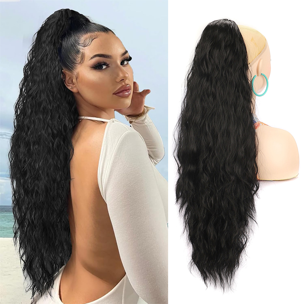 Extensão de rabo de cavalo 30 Polegada extra longo cordão ondulado encaracolado rabo de cavalo preto marrom fibra sintética pedaço de cabelo falso para mulher