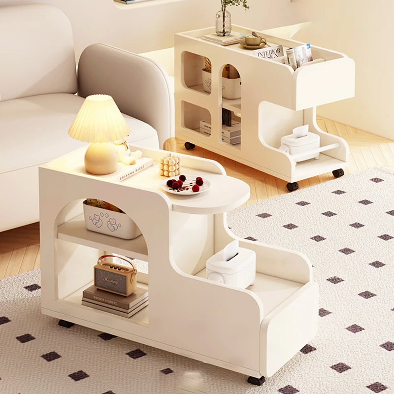 Gabinete lateral móvil de estilo crema, pequeña pieza de acento decorativa rodante, mesa ligera, escritorios de habitación, mesa de café, muebles de Madera