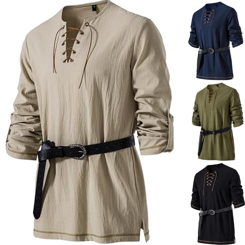 Men's Medieval Lace Up Tunic Shirt Renaissance Viking Pirate Costume Long Sleeve Retro Tops with Belt for Halloween Cosplay