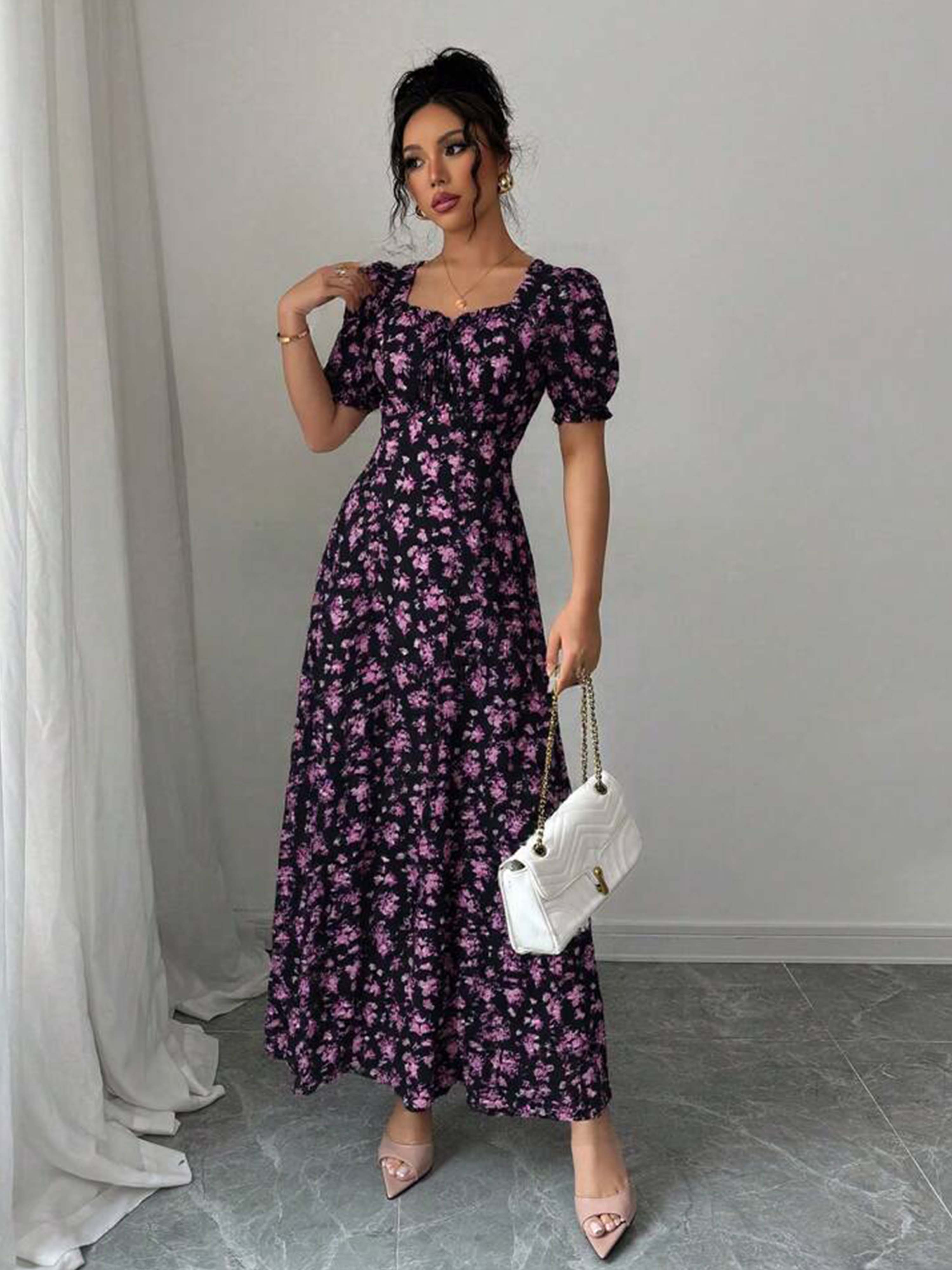 Zomerjurk voor dames, elegant, casual, met pofmouwen, vierkante hals, zwarte bloemenprint, lange avondjurk voor dames