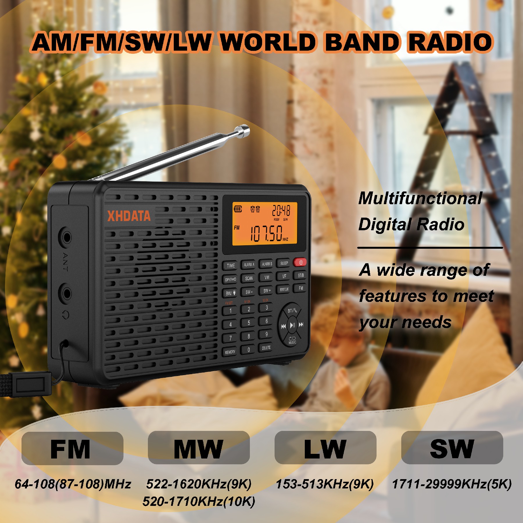 XHDATA D-109 Stereo Digital Portable Radio AM SW MW FM Radio Bluetooth Compatible Multifunctional Radio Support TF Card Player
